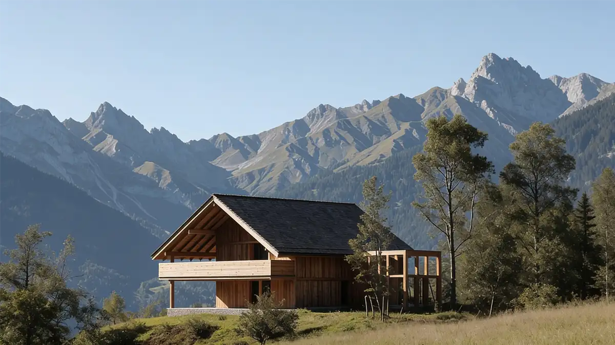 Chalets: der private Rückzugsort im Bergsommer Freistehendes Holz-Chalet auf einer Bergwiese in den Alpen im Sommer.