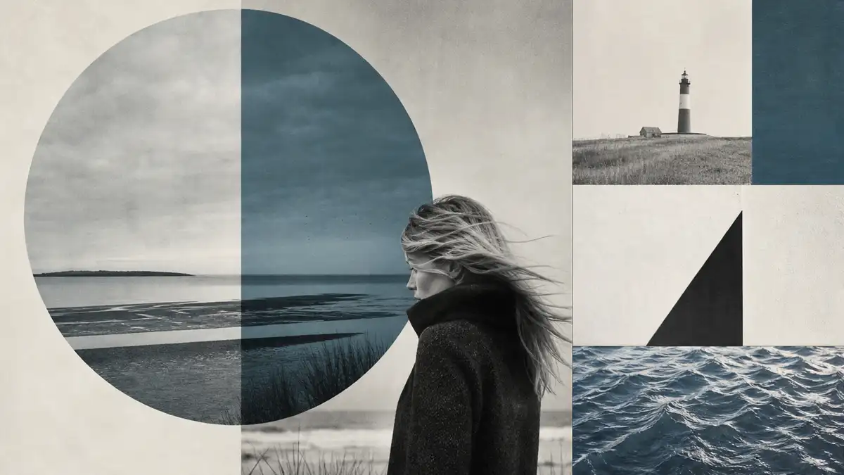 Künstlerische Coolcation Foto-Collage einer Küstenlandschaft mit einer Frau und geometrischen Elementen.