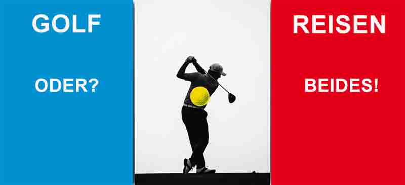 Schwarz-Weiss-Fotografie eines Golfspielers im Rückschwung, eingebettet zwischen zwei farbigen Spalten.