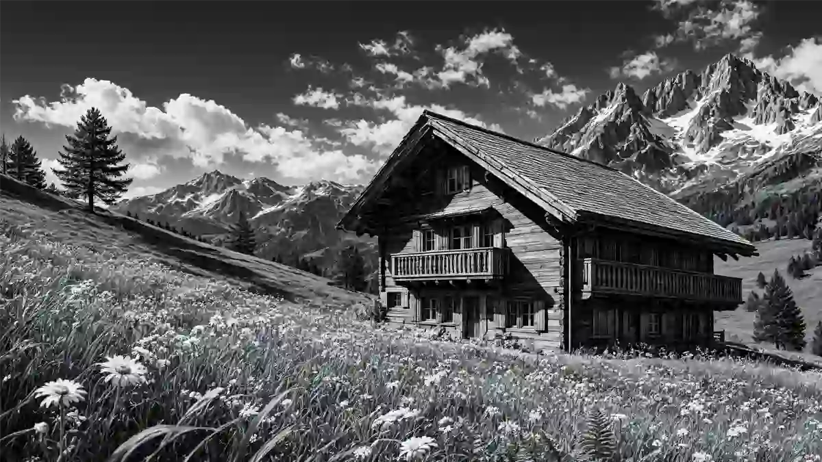 Freistehendes Holz-Chalet auf einer Bergwiese in den Alpen im Sommer.