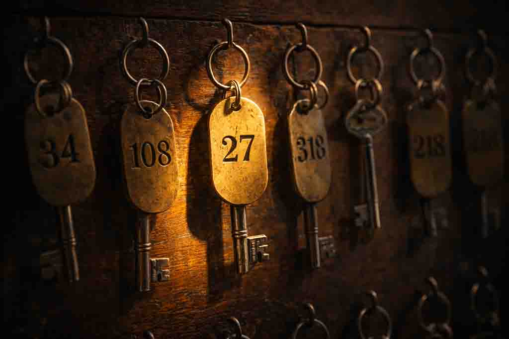 Eine Nahaufnahme von mehreren antiken Hotel-Schlüsseln aus Messing mit nummerierten Anhängern, die an Haken vor einer dunklen Holzwand hängen. Ein warmer Lichtstrahl beleuchtet besonders den Schlüssel mit der Nummer 27, während die anderen Schlüssel im Halbschatten liegen.