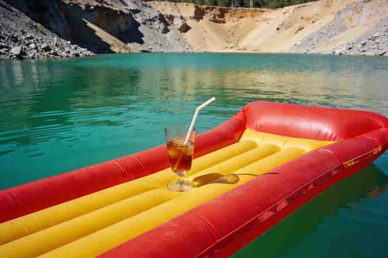 Eine farbenfrohe rot-gelbe Luftmatratze treibt auf dem türkisfarbenen Wasser eines Baggerweihers. Auf der Matratze steht ein Glas Eistee mit Strohhalm. Im Hintergrund sind die steilen, sandigen Ufer der Kiesgrube unter strahlend blauem Himmel zu sehen