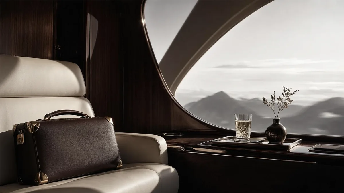 Luxuriöse Privatjet-Kabine mit brauner Leder-Aktentasche auf einem hellen Sitz und Blick durch ein ovales Fenster auf eine Berglandschaft.