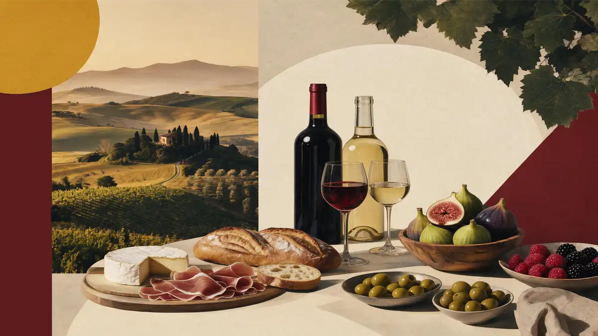 Gastronomische Weinreisen: Wein und Küche als gemeinsames Erlebnis Gedeckter Tisch mit Wein und regionalen Speisen zwischen Weinreben.